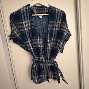 Plaid Tie-Waist Kimono Top